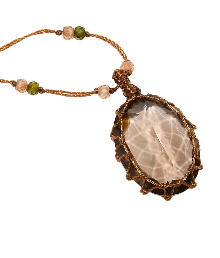 Collier court tibétain - Quartz fumé - Mix Tourmaline - Fil Tabac