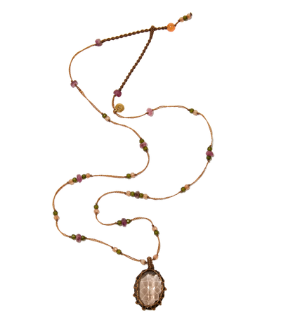 Collier court tibétain - Quartz fumé - Mix Tourmaline - Fil Tabac