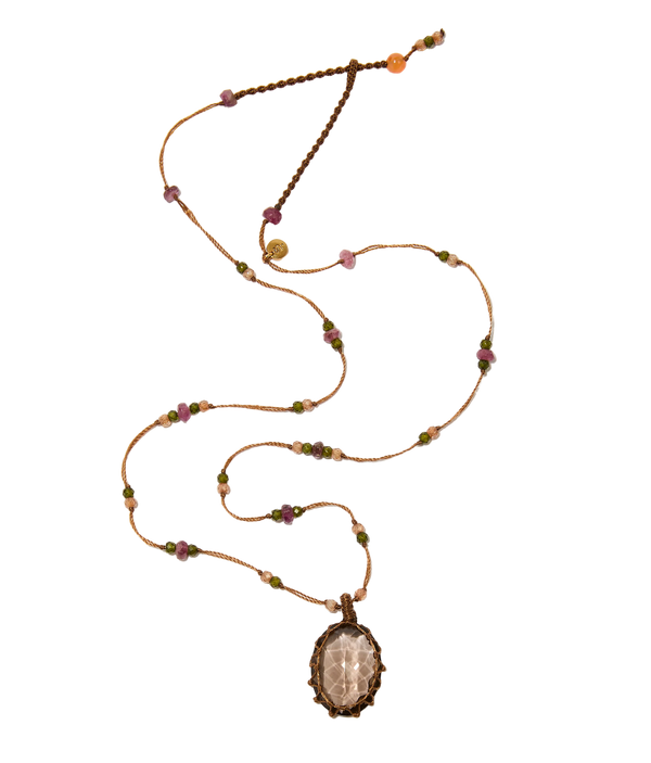 Collier court tibétain - Quartz fumé - Mix Tourmaline - Fil Tabac