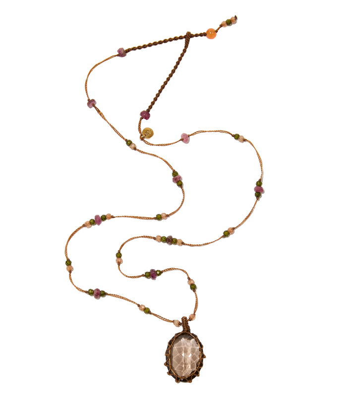 Collier court tibétain - Quartz fumé - Mix Tourmaline - Fil Tabac
