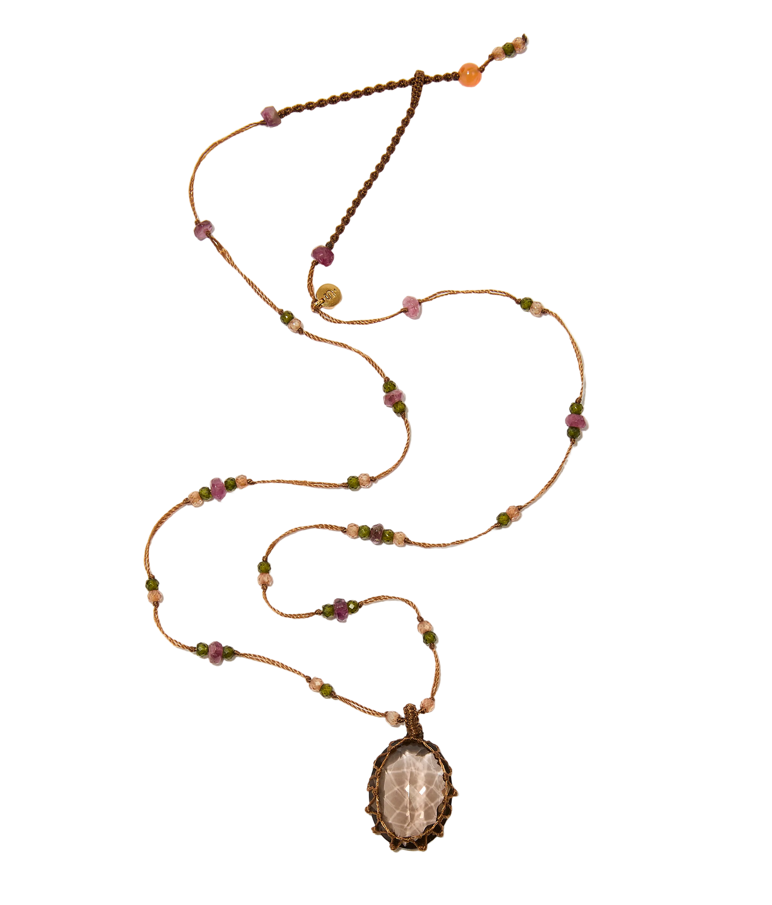 Collier court tibétain - Quartz fumé - Mix Tourmaline - Fil Tabac