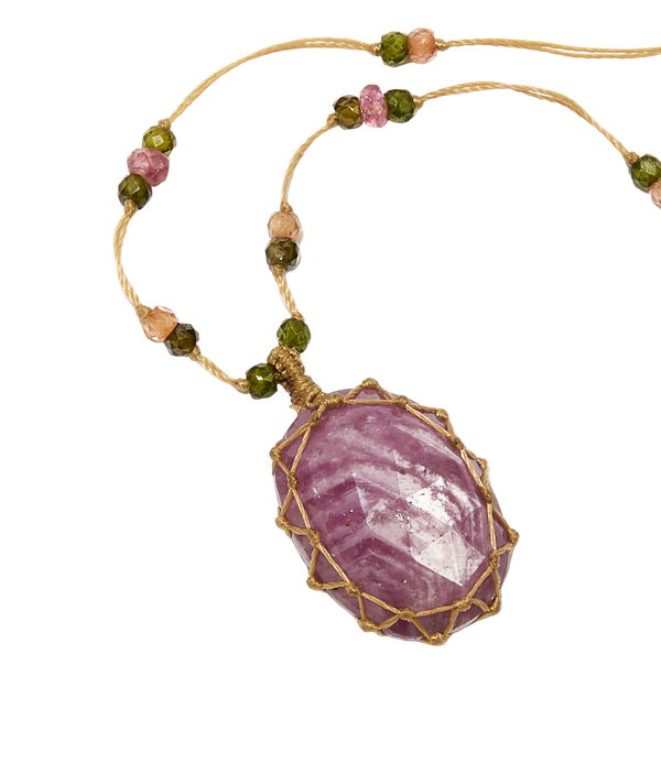 Collier court tibétain - Rubis - Mix Tourmaline - Fil Beige