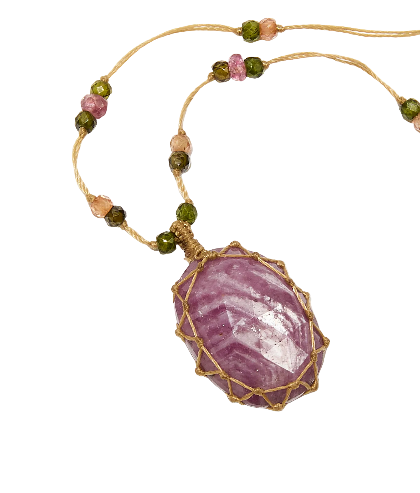 Collier court tibétain - Rubis - Mix Tourmaline - Fil Beige