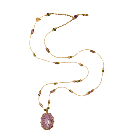 Collier court tibétain - Rubis - Mix Tourmaline - Fil Beige