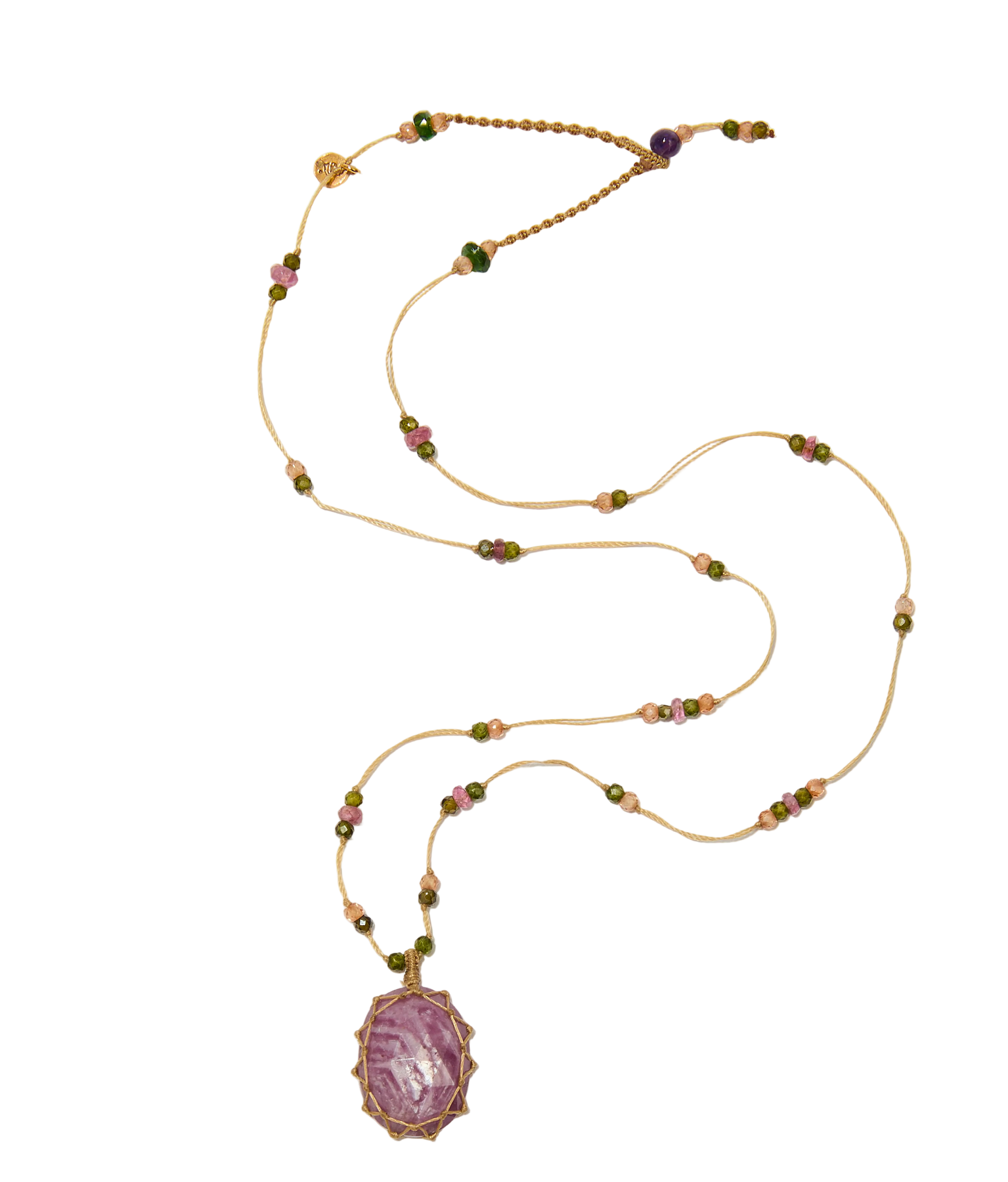 Collier court tibétain - Rubis - Mix Tourmaline - Fil Beige