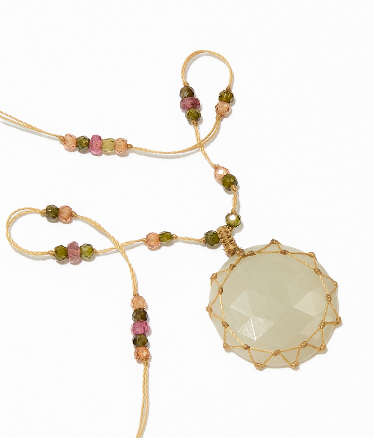 Collier court tibétain - Saphir Blanc - Mix Tourmaline - Fil Beige