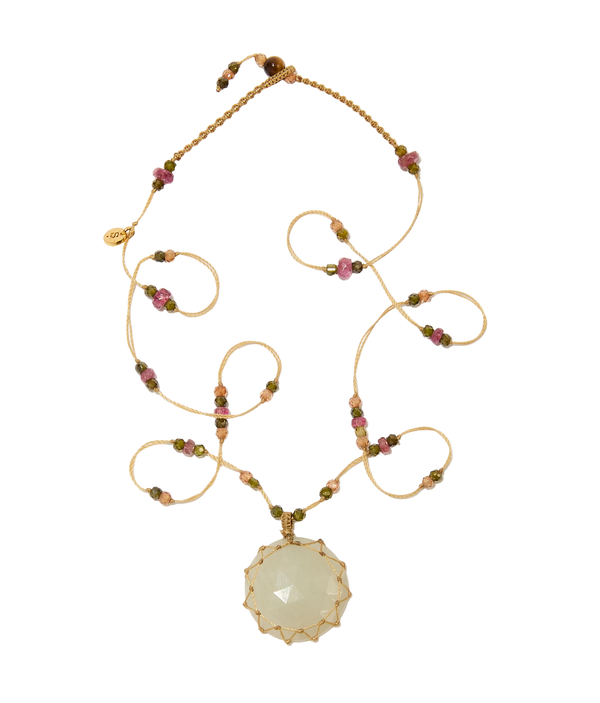 Collier court tibétain - Saphir Blanc - Mix Tourmaline - Fil Beige