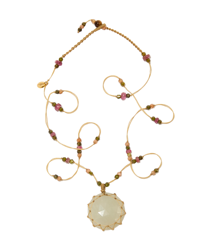 Collier court tibétain - Saphir Blanc - Mix Tourmaline - Fil Beige