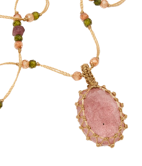 Collier court tibétain - Strawberry Quartz - Mix Tourmaline - Fil Beige