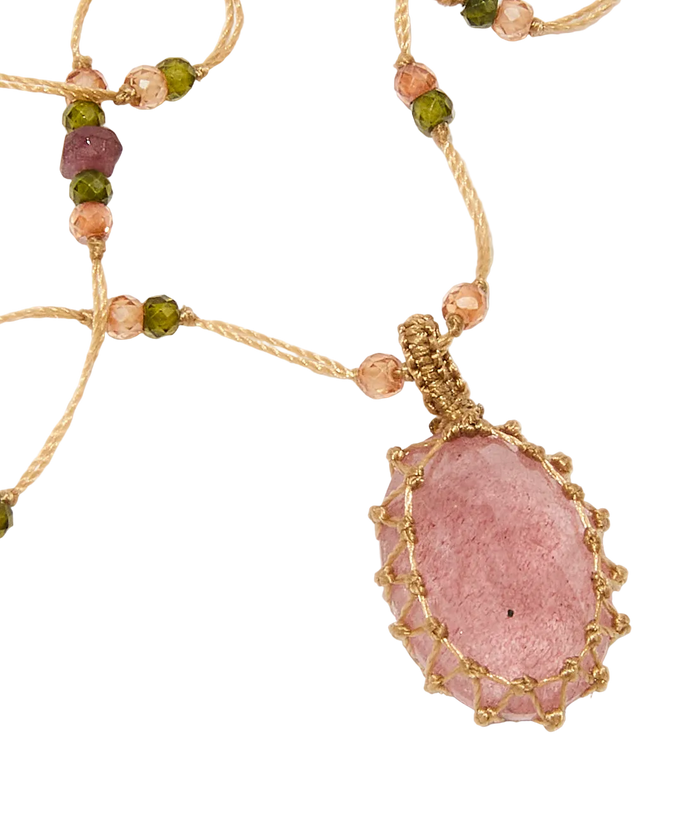Collier court tibétain - Strawberry Quartz - Mix Tourmaline - Fil Beige