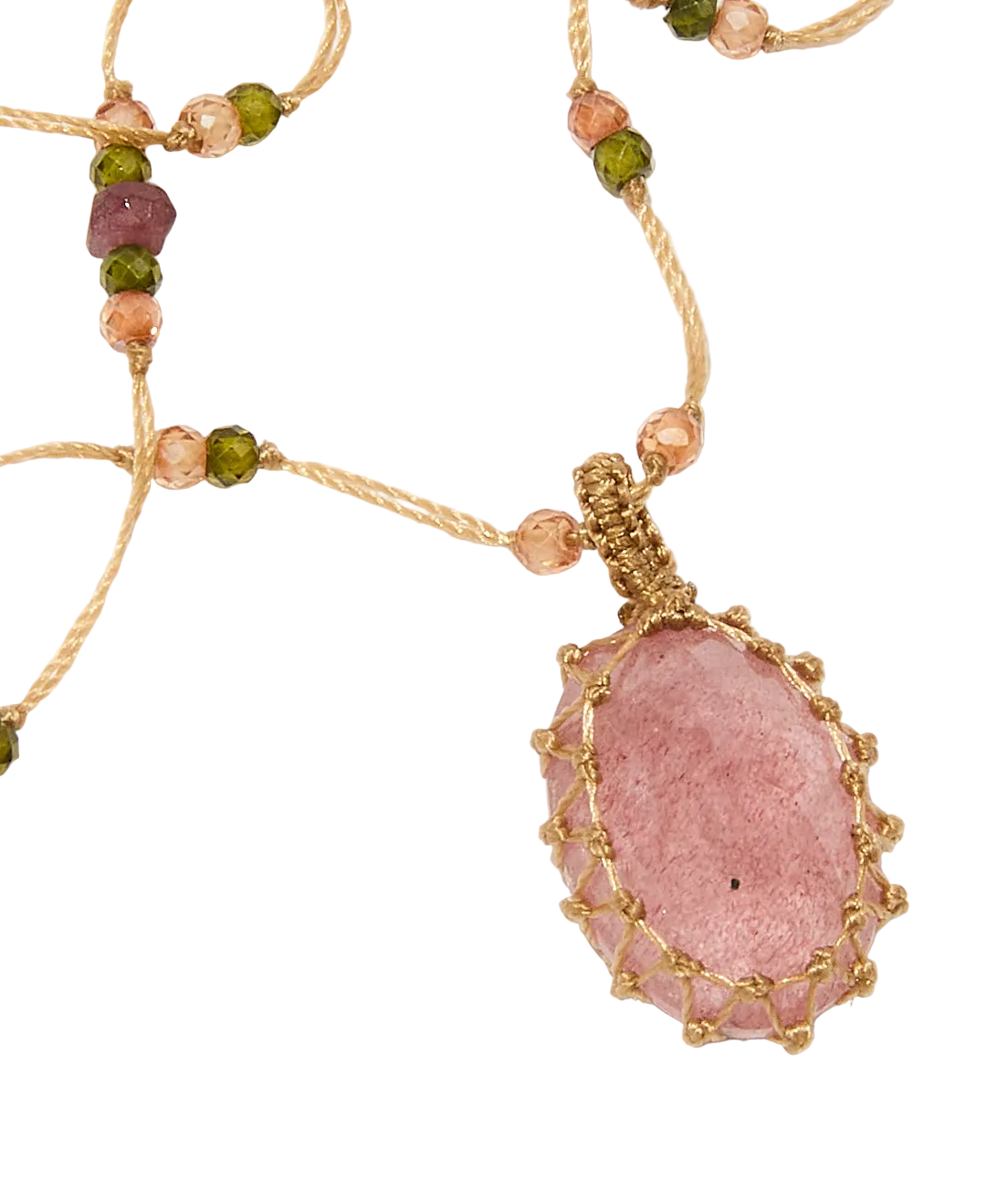 Collier court tibétain - Strawberry Quartz - Mix Tourmaline - Fil Beige