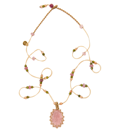 Collier court tibétain - Strawberry Quartz - Mix Tourmaline - Fil Beige