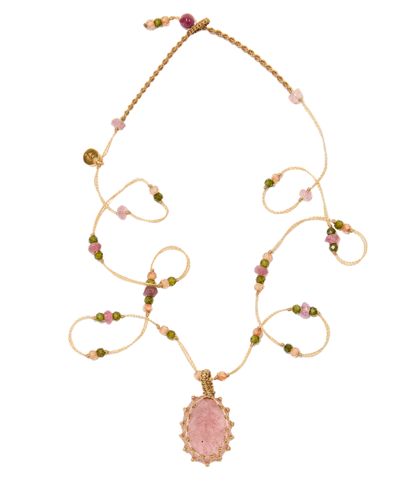 Collier court tibétain - Strawberry Quartz - Mix Tourmaline - Fil Beige