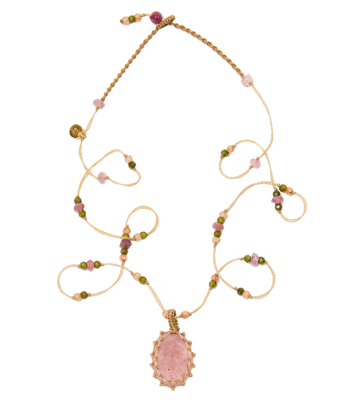 Collier court tibétain - Strawberry Quartz - Mix Tourmaline - Fil Beige