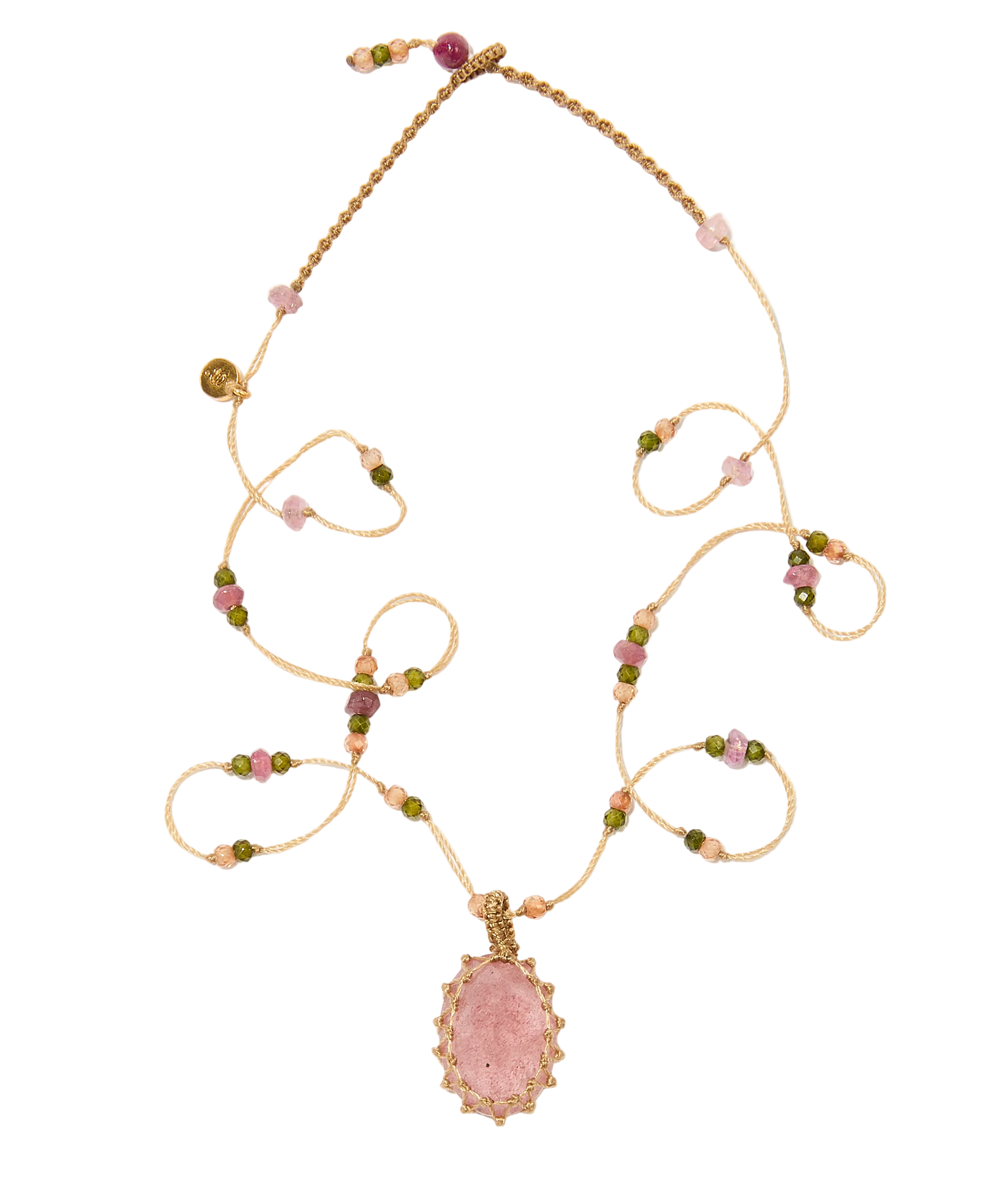 Collier court tibétain - Strawberry Quartz - Mix Tourmaline - Fil Beige
