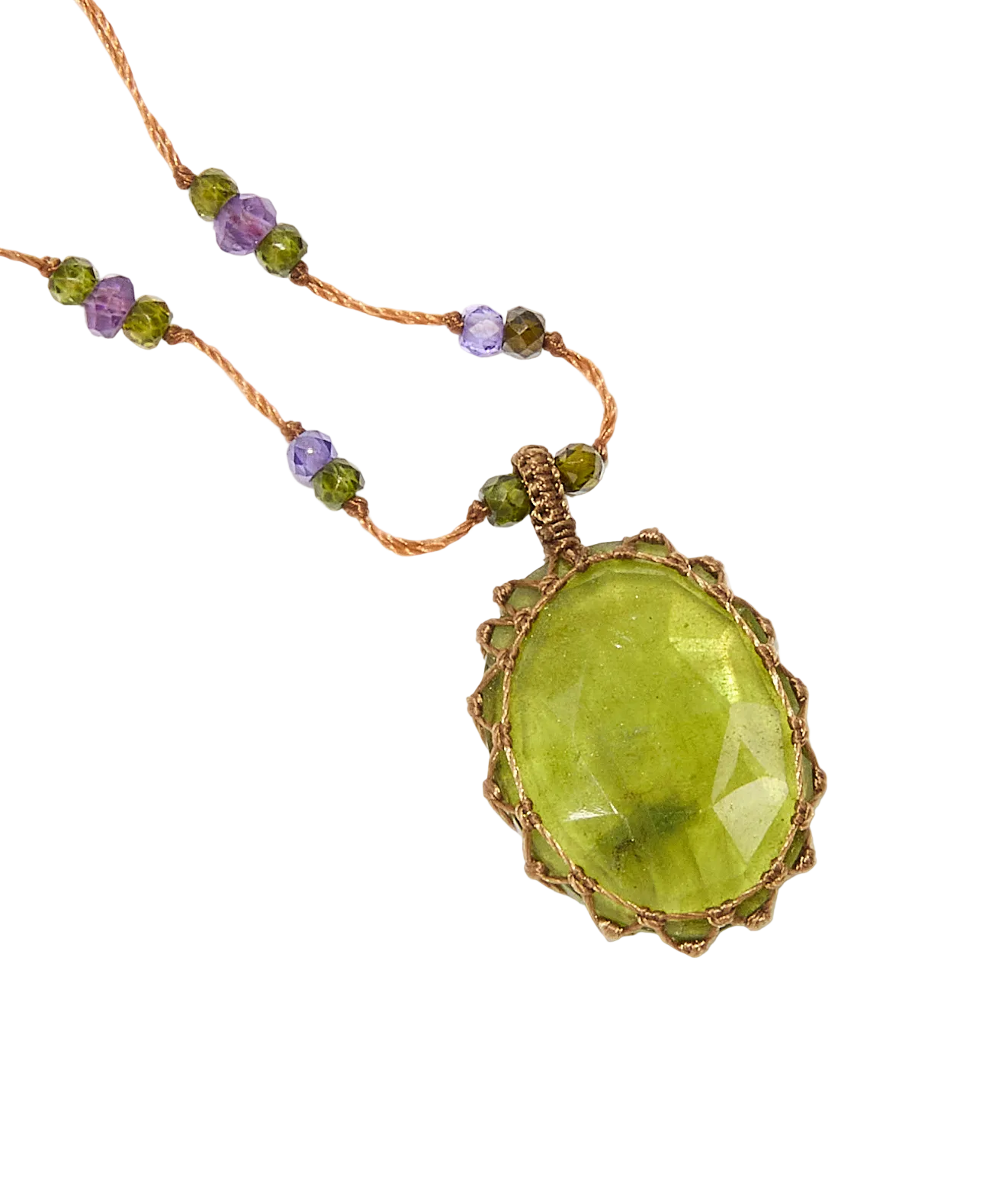 Collier court tibétain - Vesuvianite - Mix Améthyste - Fil Tabac