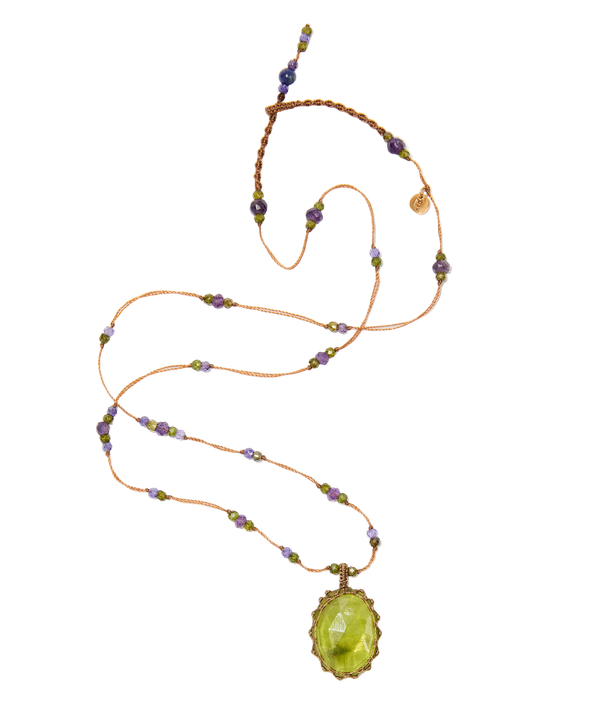 Collier court tibétain - Vesuvianite - Mix Améthyste - Fil Tabac