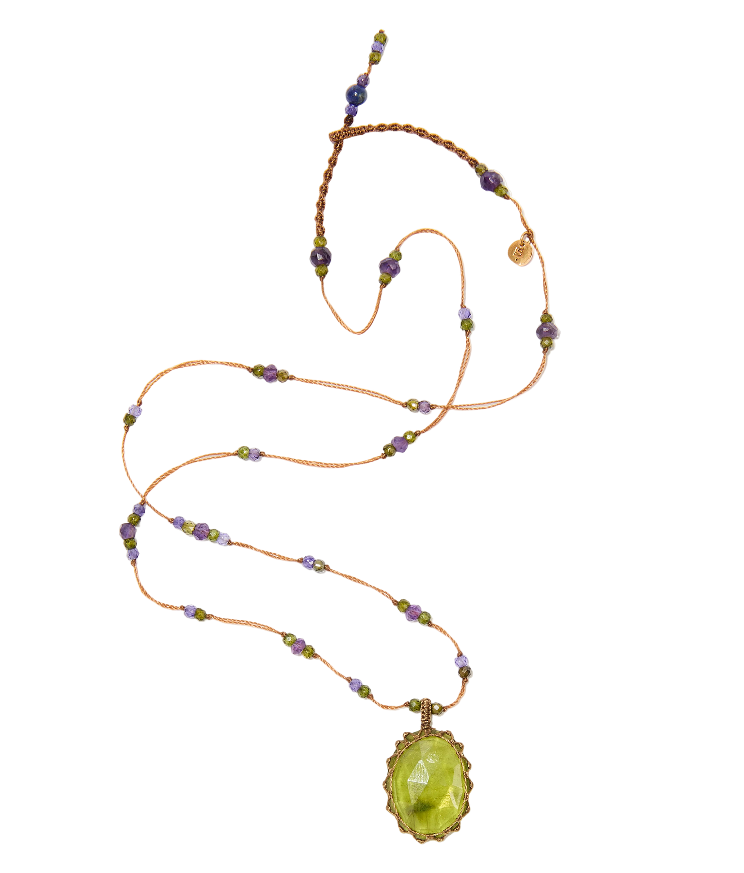 Collier court tibétain - Vesuvianite - Mix Améthyste - Fil Tabac