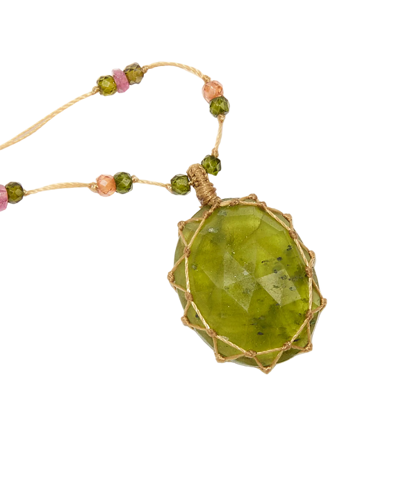 Collier court tibétain - Vesuvianite - Mix Tourmaline - Fil Beige