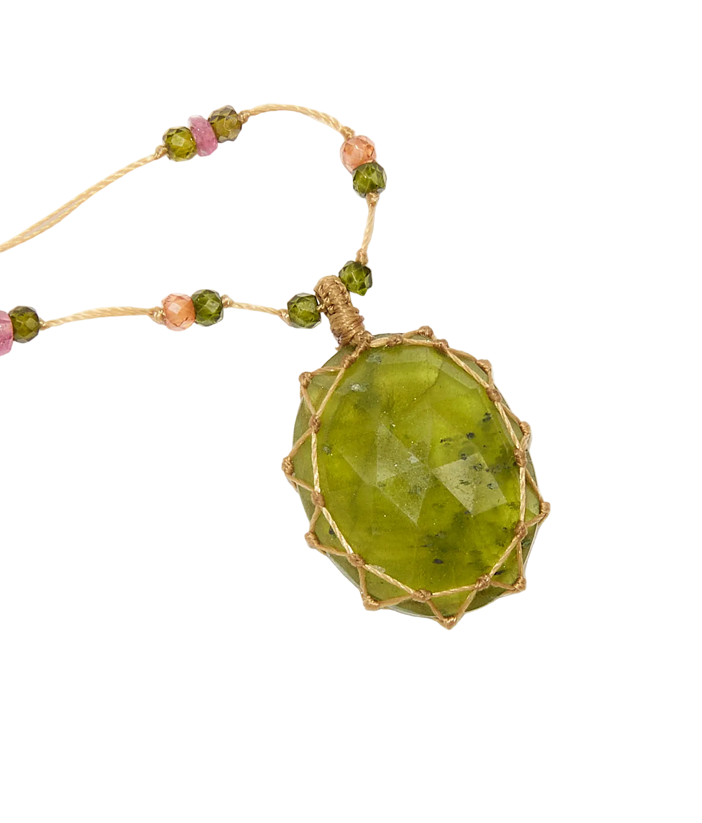 Collier court tibétain - Vesuvianite - Mix Tourmaline - Fil Beige