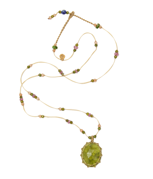 Collier court tibétain - Vesuvianite - Mix Tourmaline - Fil Beige