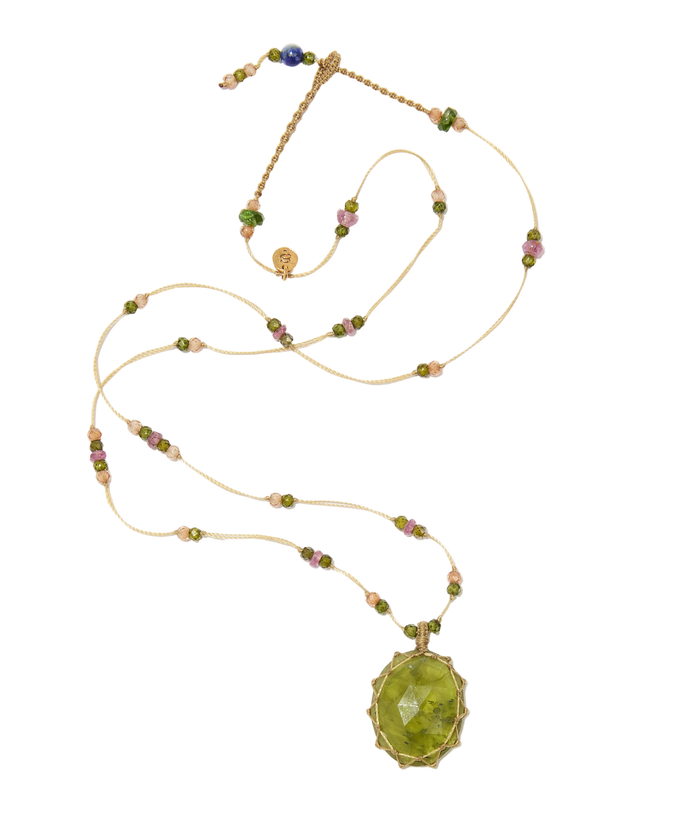 Collier court tibétain - Vesuvianite - Mix Tourmaline - Fil Beige