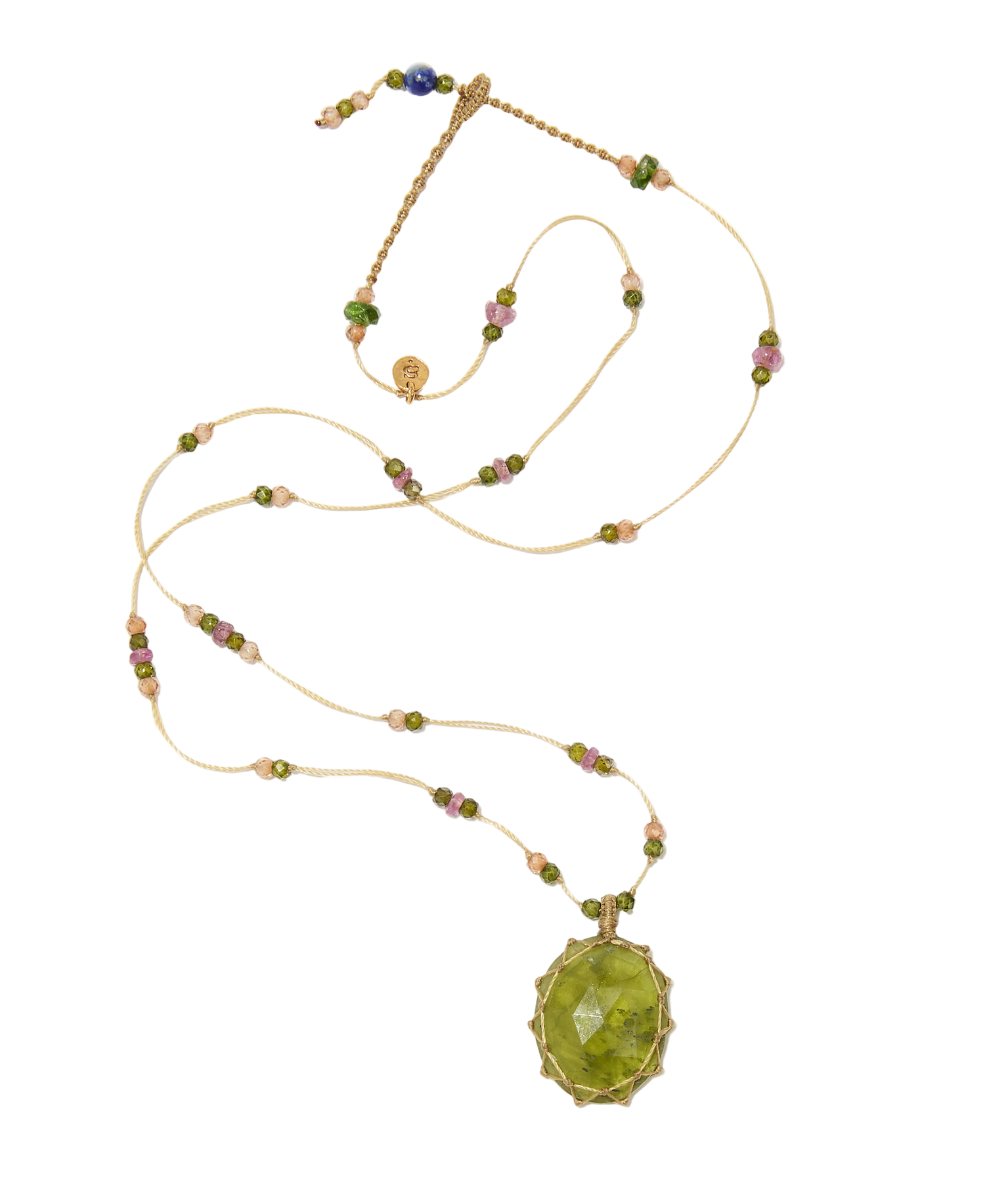 Collier court tibétain - Vesuvianite - Mix Tourmaline - Fil Beige