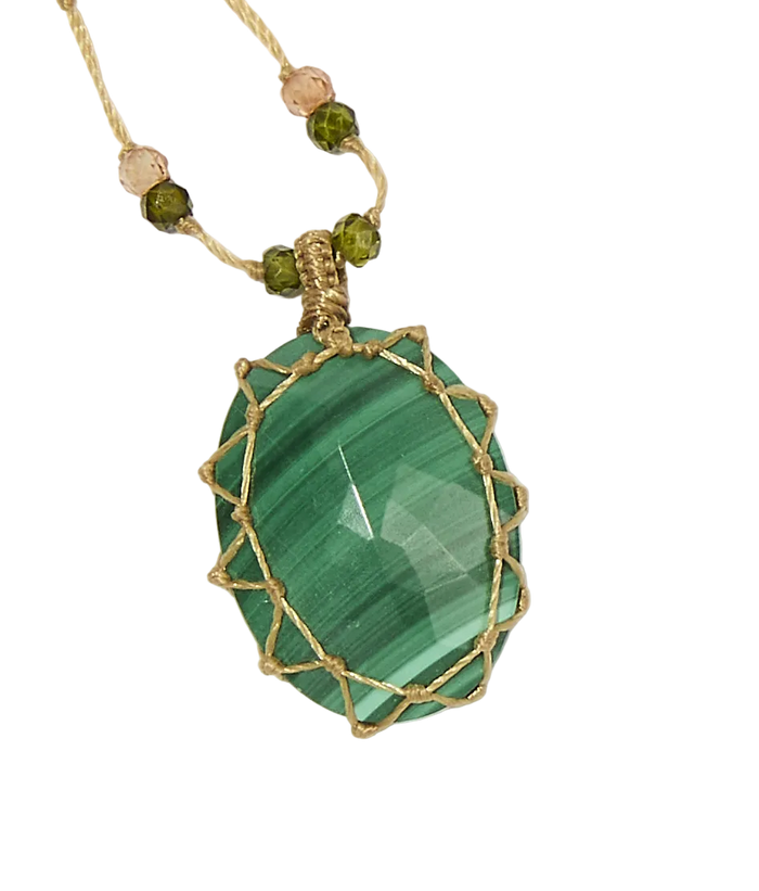 Collier court tibétain - Malachite - Mix Tourmaline Rose - Fil Beige
