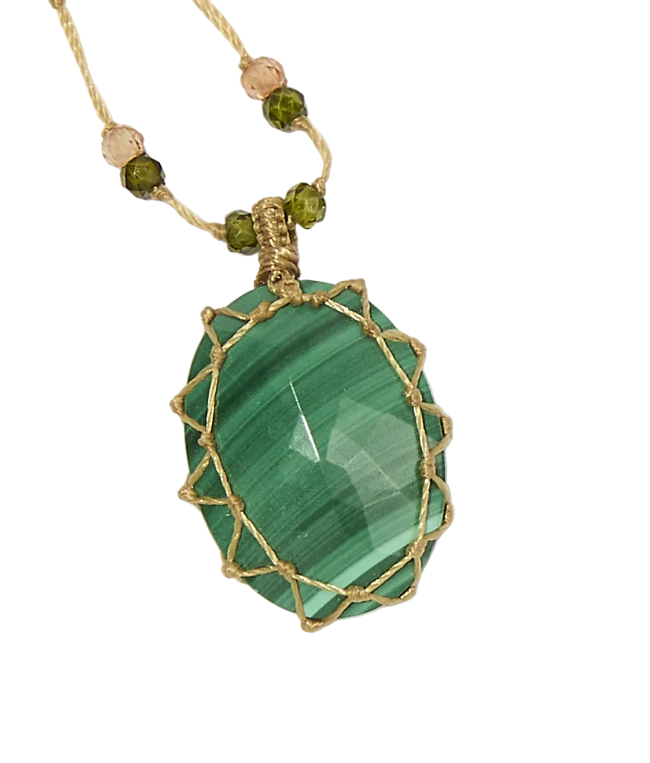 Collier court tibétain - Malachite - Mix Tourmaline Rose - Fil Beige