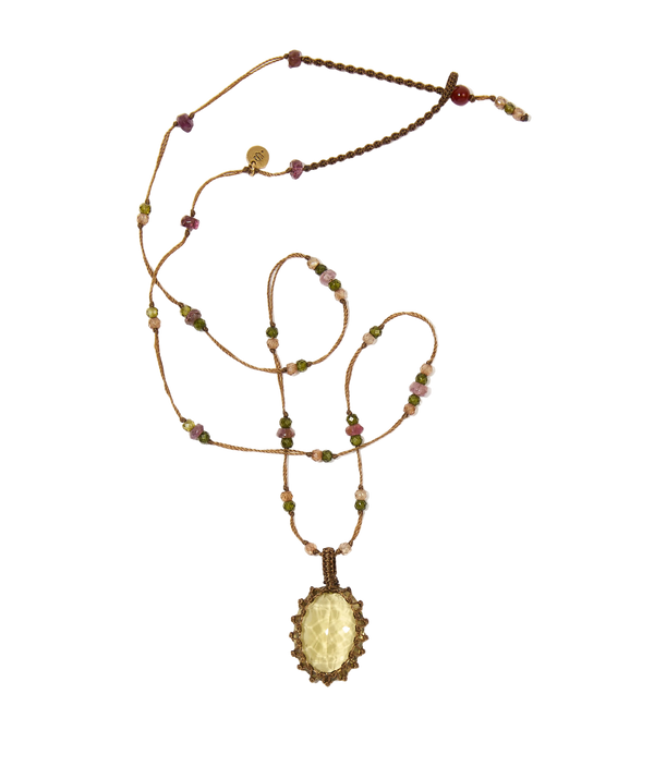 Collier court tibétain - Lemon Quartz - Mix Tourmaline Rose - Fil Tabac
