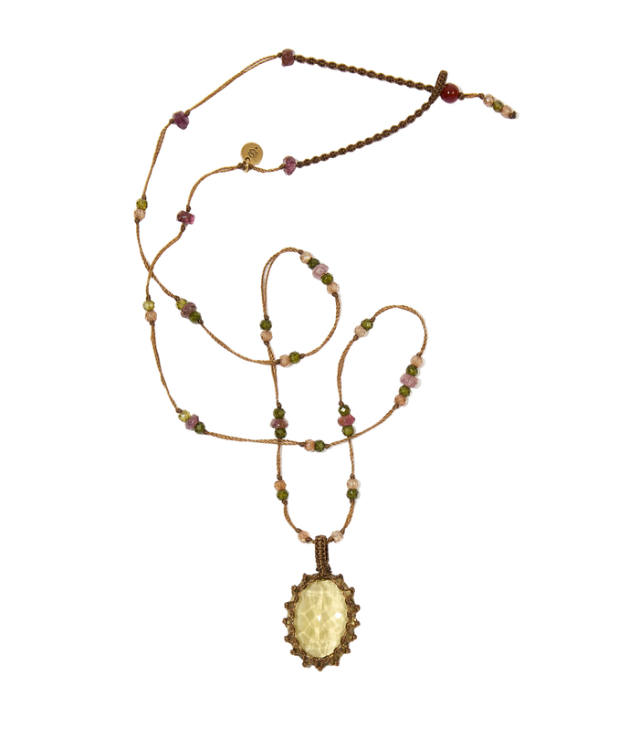 Collier court tibétain - Lemon Quartz - Mix Tourmaline Rose - Fil Tabac