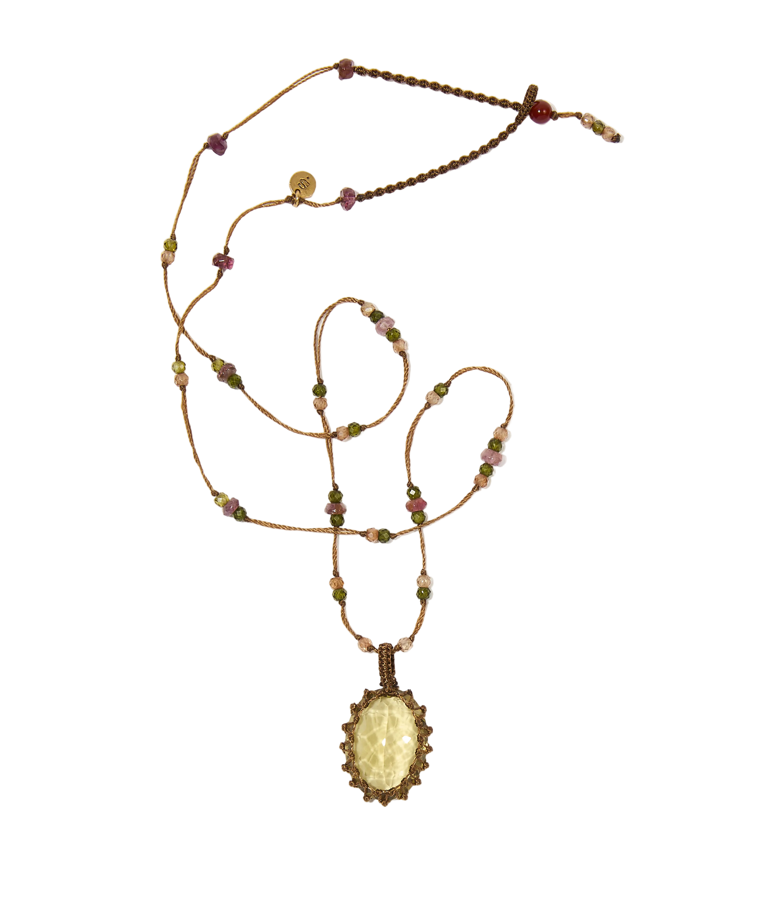Collier court tibétain - Lemon Quartz - Mix Tourmaline Rose - Fil Tabac