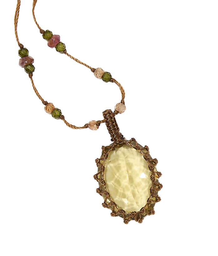 Collier court tibétain - Lemon Quartz - Mix Tourmaline Rose - Fil Tabac