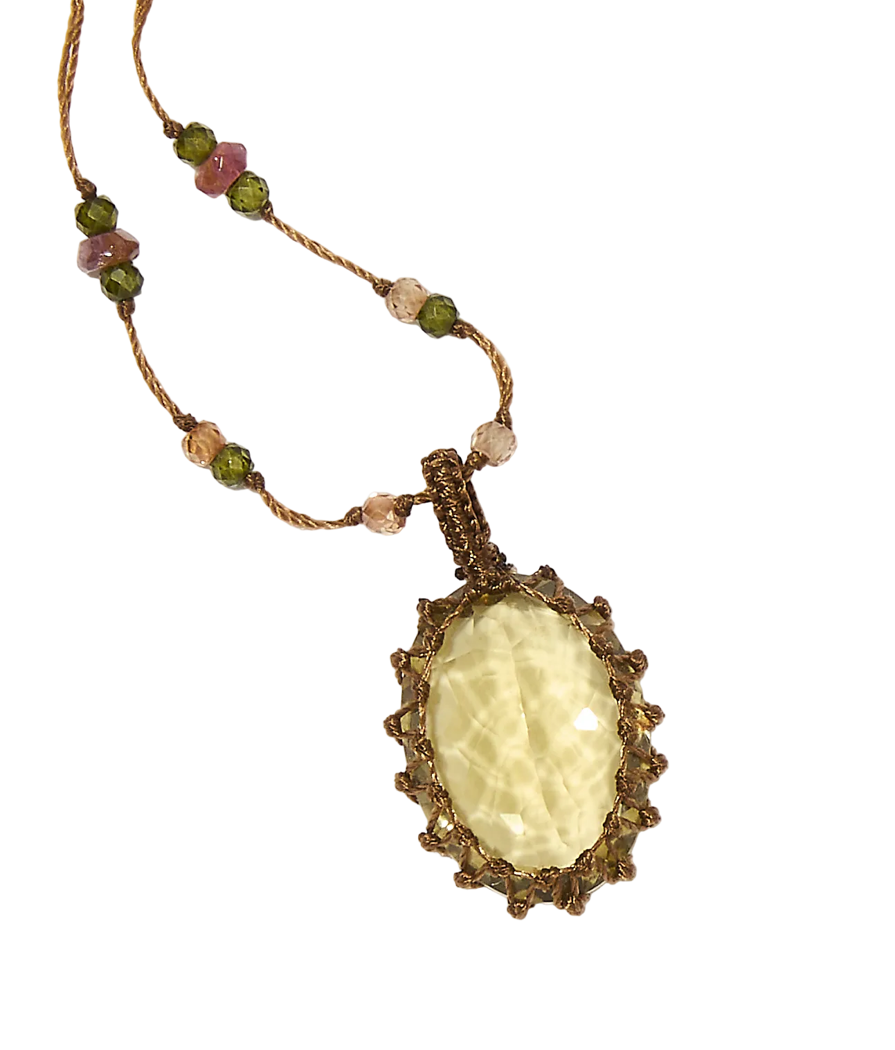 Collier court tibétain - Lemon Quartz - Mix Tourmaline Rose - Fil Tabac