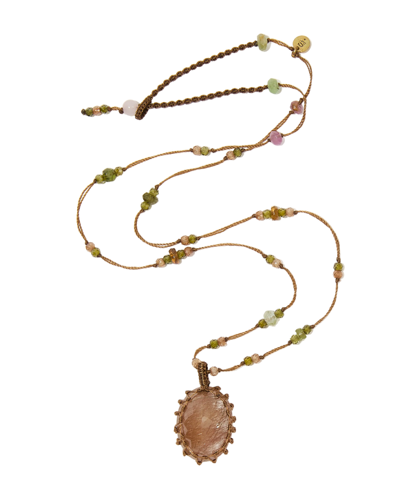 Kollier Court Tibétain - Quarz Rutile Gold - Mix Rosen-Tourmalin - Tabakfarbenes Band