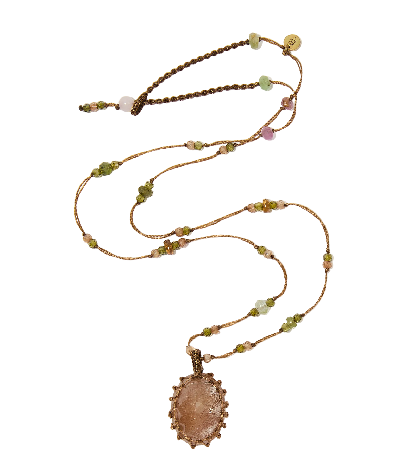 <p>Short Tibetan Necklace - Rutilated Quartz Gold - Pink Tourmaline Mix - Tobacco Thread</p>