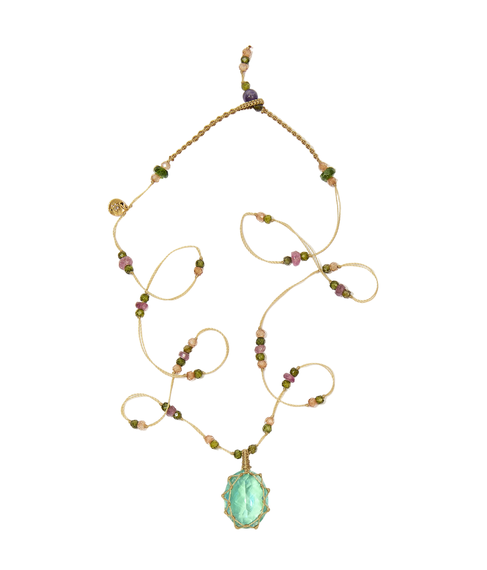 Collier court tibétain - Dublet Rainbow Peridot - Mix Tourmaline Rose - Fil Beige