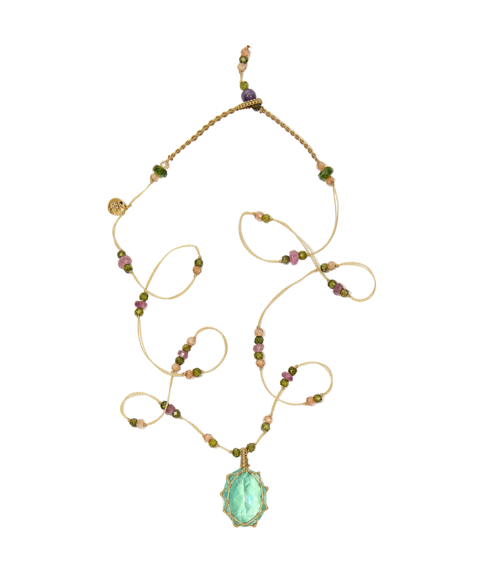 Collier court tibétain - Dublet Rainbow Peridot - Mix Tourmaline Rose - Fil Beige