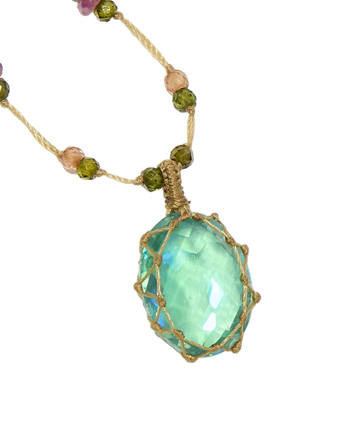 Collier court tibétain - Dublet Rainbow Peridot - Mix Tourmaline Rose - Fil Beige