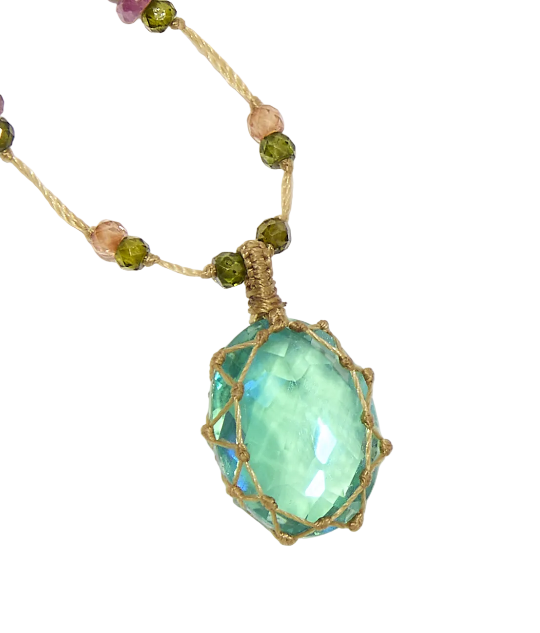 Collier court tibétain - Dublet Rainbow Peridot - Mix Tourmaline Rose - Fil Beige
