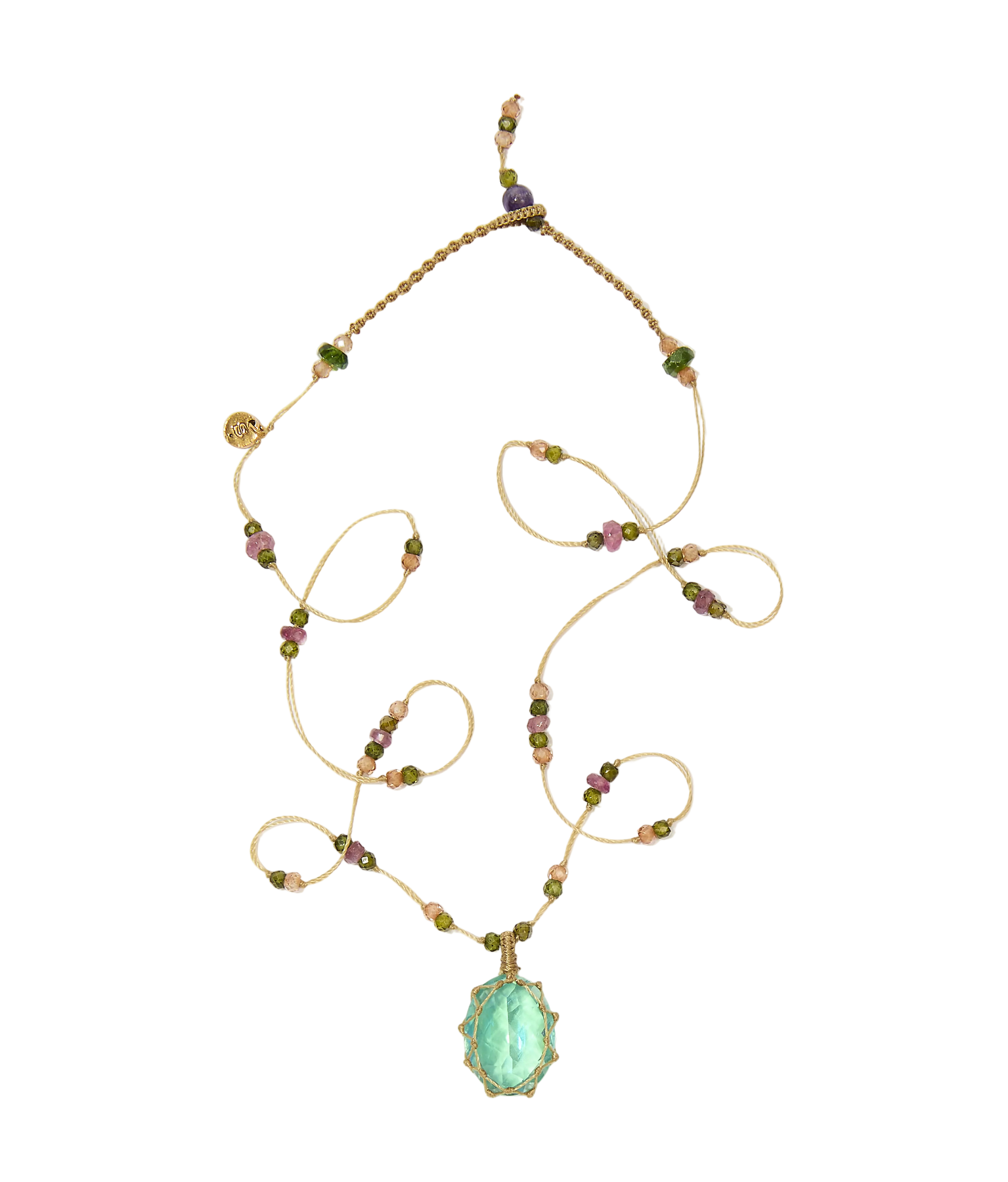 Collier court tibétain - Dublet Rainbow Peridot - Mix Tourmaline Rose - Fil Beige