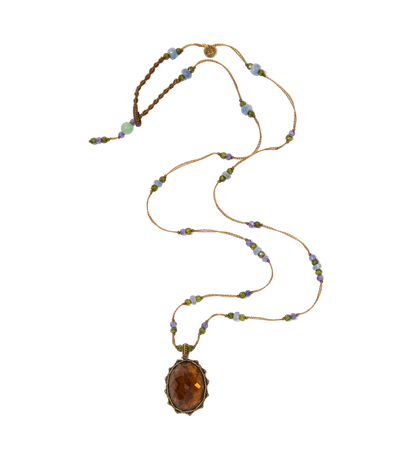 Collier court tibétain - Honey Quartz - Mix Tsavorite & Zircons violets - Fil Tabac