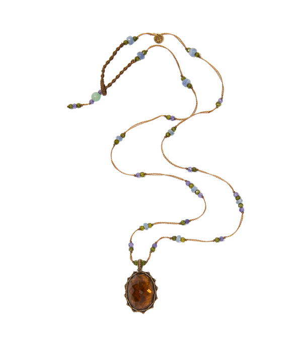Collier court tibétain - Honey Quartz - Mix Tsavorite & Zircons violets - Fil Tabac