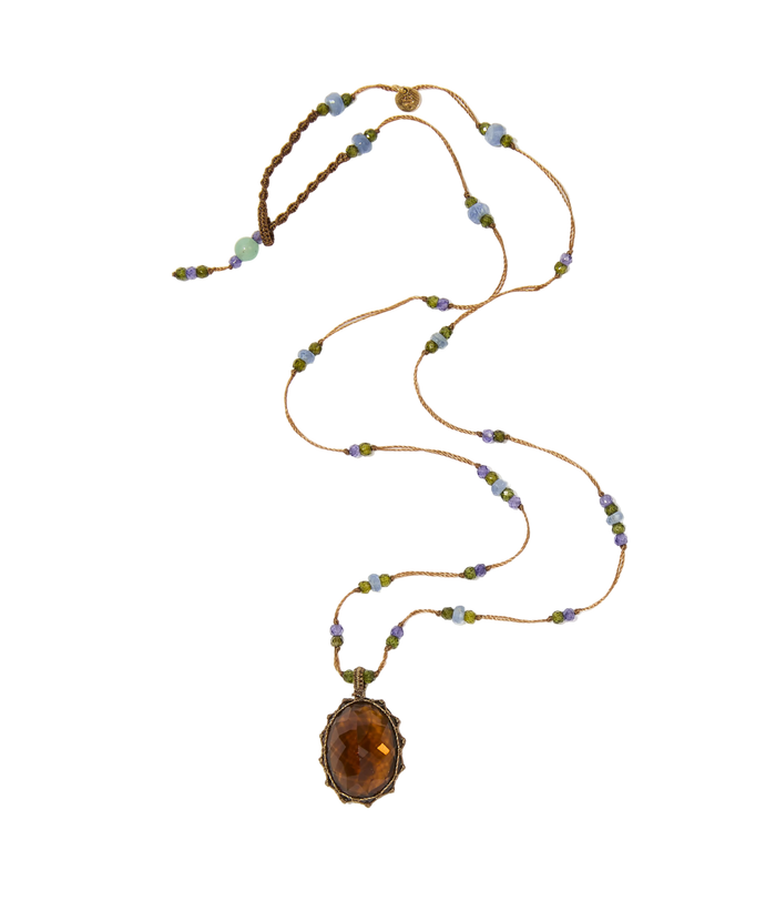Collier court tibétain - Honey Quartz - Mix Tsavorite & Zircons violets - Fil Tabac