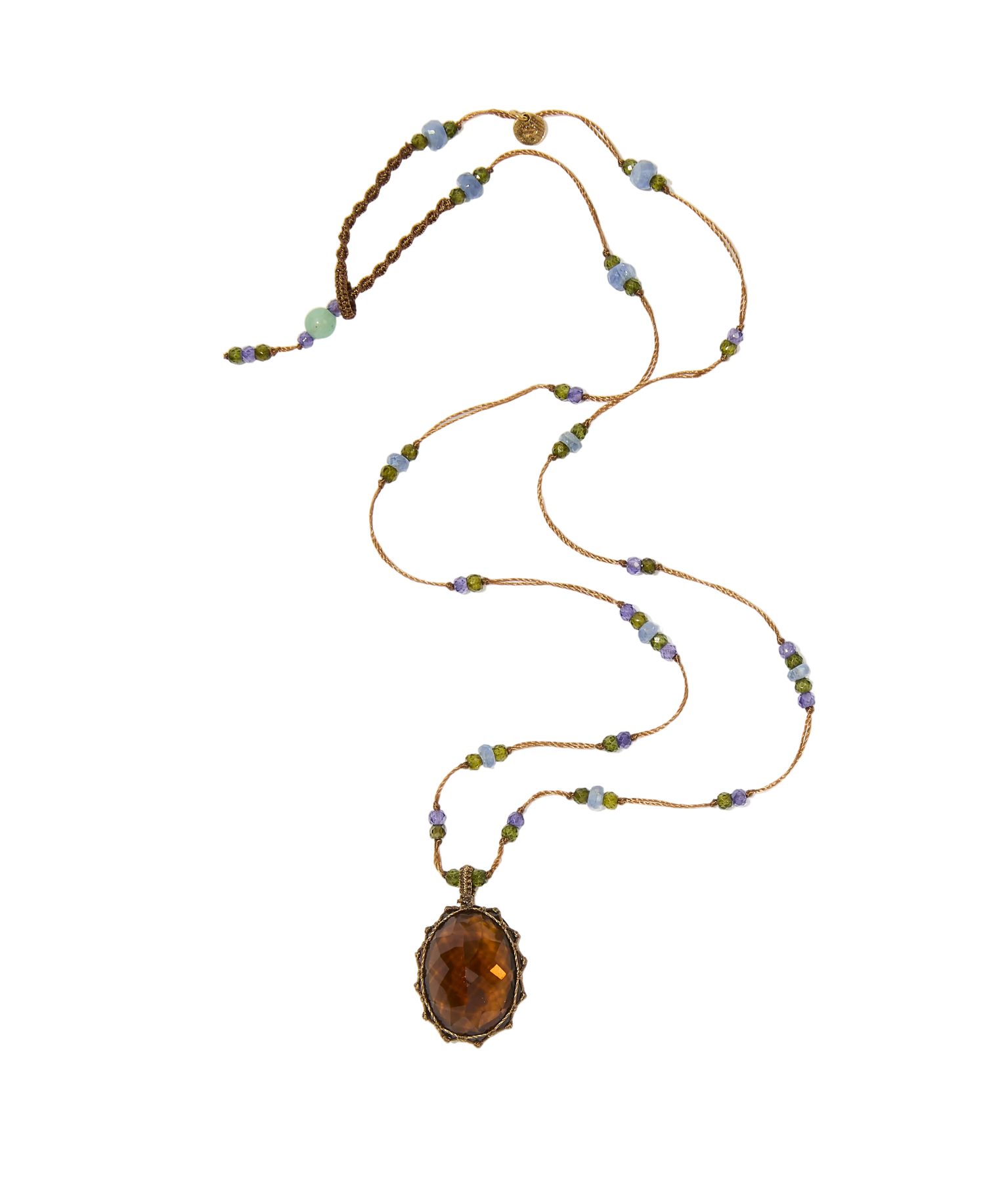 Collier court tibétain - Honey Quartz - Mix Tsavorite & Zircons violets - Fil Tabac