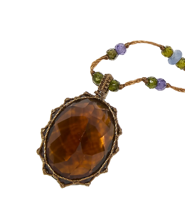 Collier court tibétain - Honey Quartz - Mix Tsavorite & Zircons violets - Fil Tabac