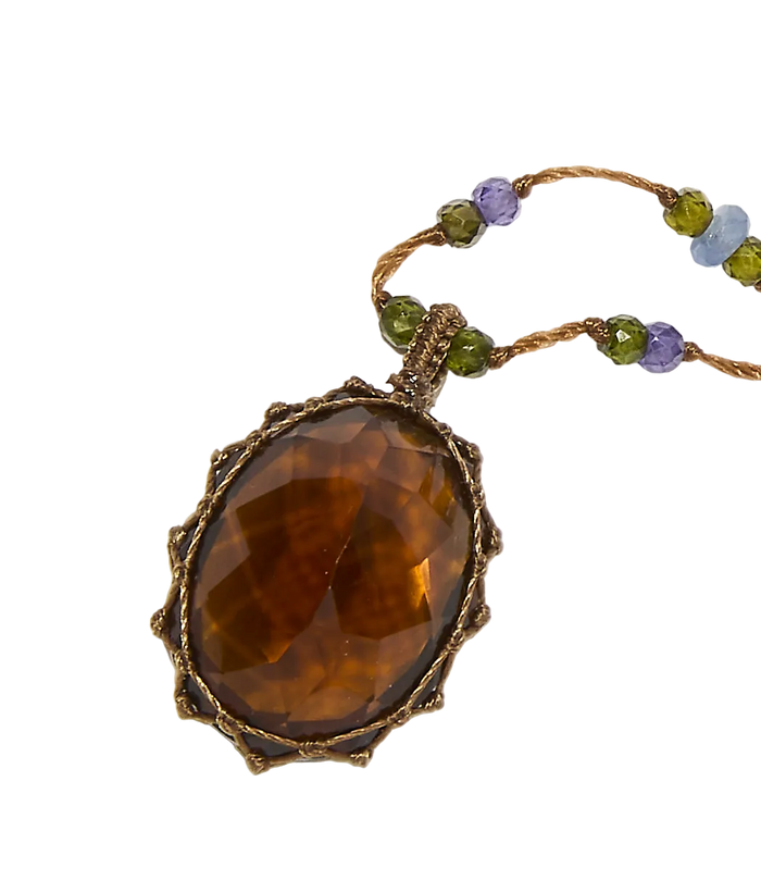 Collier court tibétain - Honey Quartz - Mix Tsavorite & Zircons violets - Fil Tabac