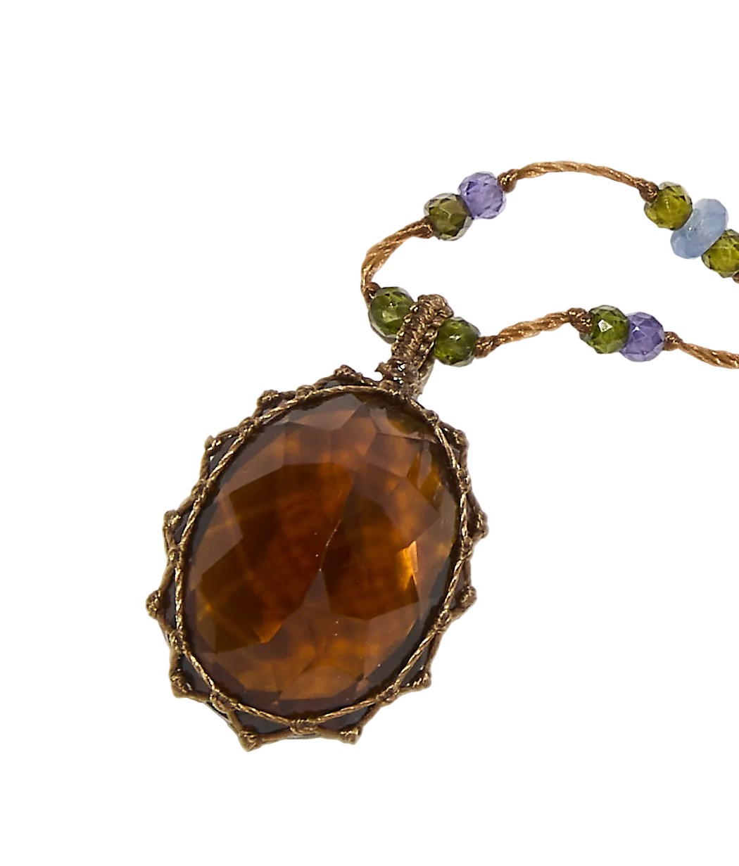 Collier court tibétain - Honey Quartz - Mix Tsavorite & Zircons violets - Fil Tabac