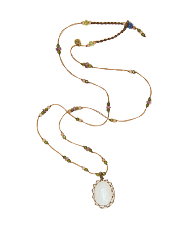 Collier court tibétain - Moonstone Rainbow - Mix Tourmaline Rose - Fil Tabac