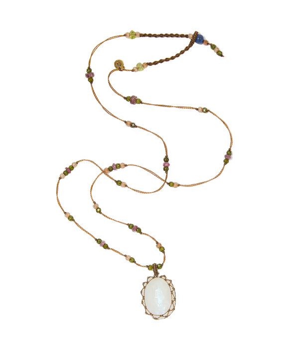 Collier court tibétain - Moonstone Rainbow - Mix Tourmaline Rose - Fil Tabac